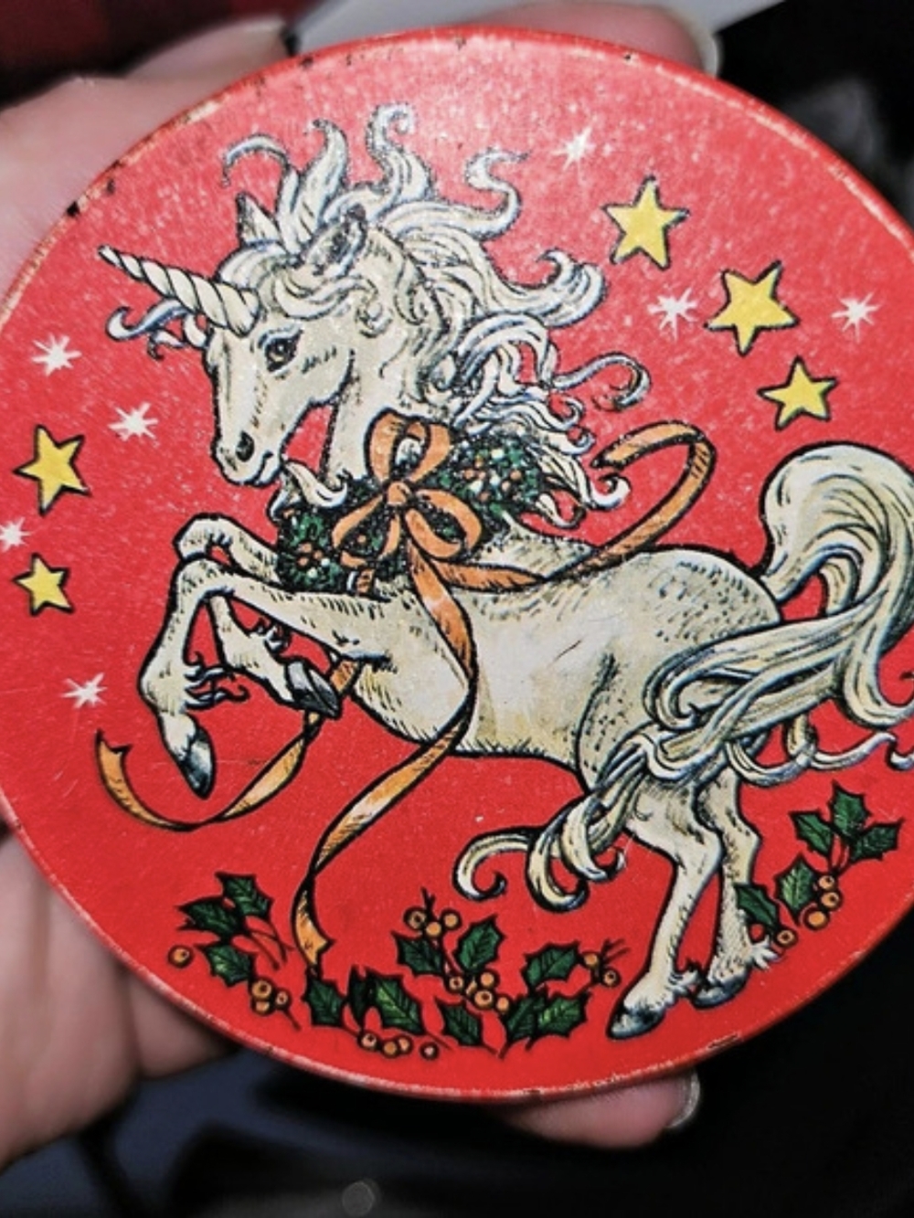 Vintage 80s Potpourri Press Unicorn Christmas Small Metal Tin Xmas Holiday